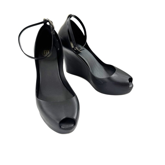 Melissa Black and White Patchuli Peep Toe Jelly Ankle Strap Wedge Shoe Size 6 - Picture 12 of 12